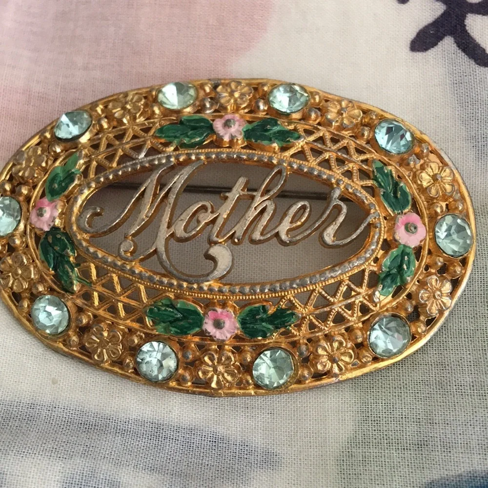 Vintage Mother hand painted rhinestone brooche